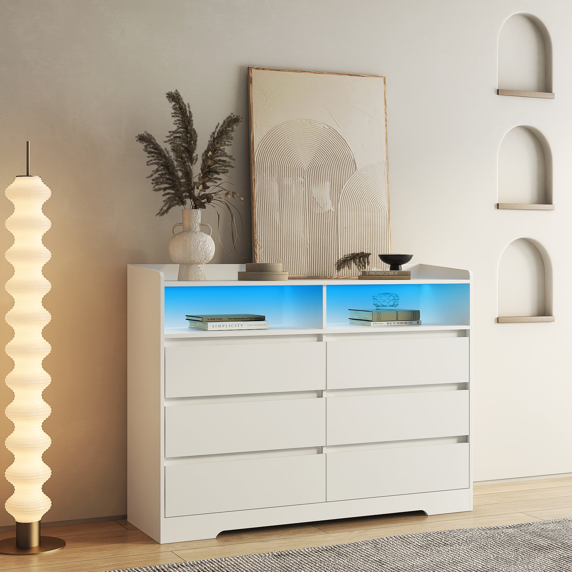 Kepooman 51" Living Room 6-Drawers Storage Display Cabinet, Modern White Console Table with 16 Colors LED Lights Kepooman 51" Living Room 6-Drawers Storage Display Cabinet, Modern White Console Table with 16 Colors LED Lights