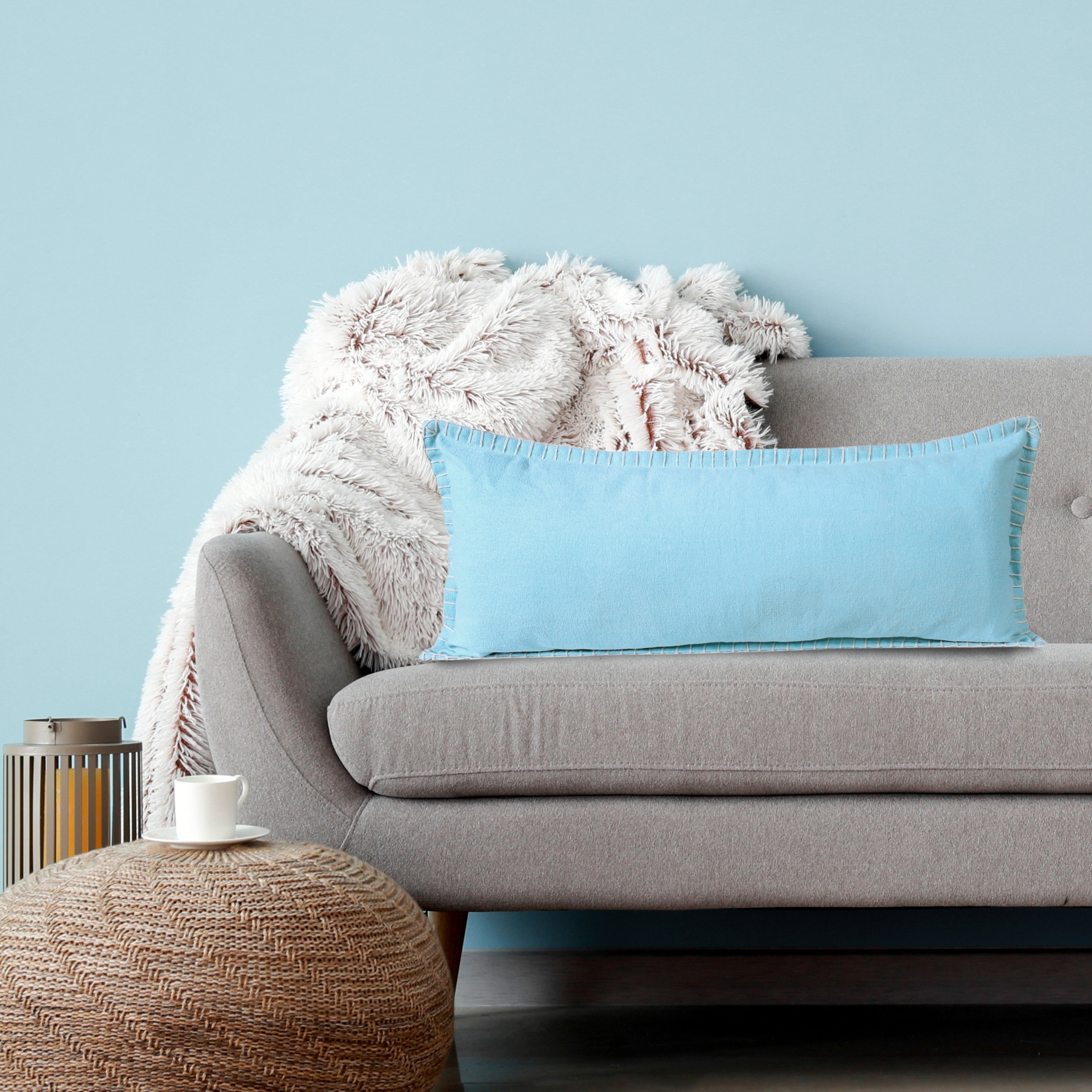 Ox Bay Wilma 14" x 36" Bright Blue Stitch Bordered Cotton Adult Decorative Throw Pillow Cover