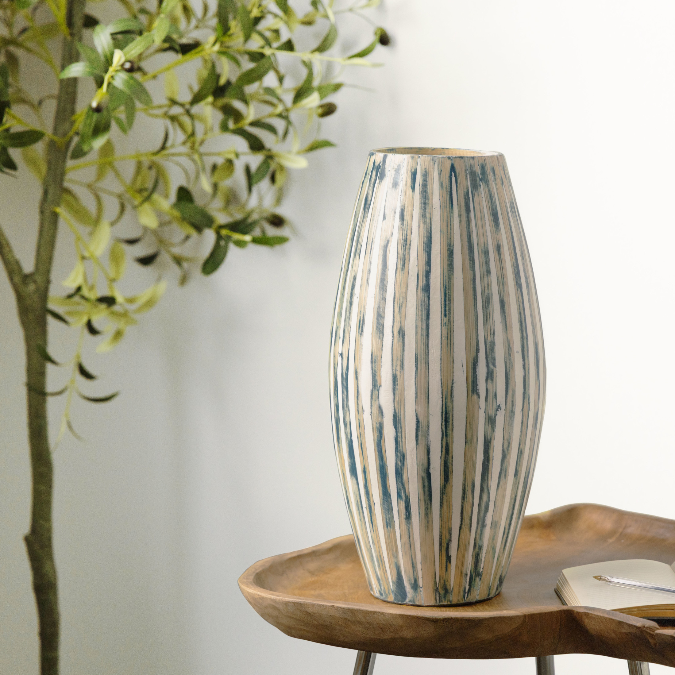 DecMode 17" Brushed Blue Bamboo Wood Vase with Cream Accents and White Stripes