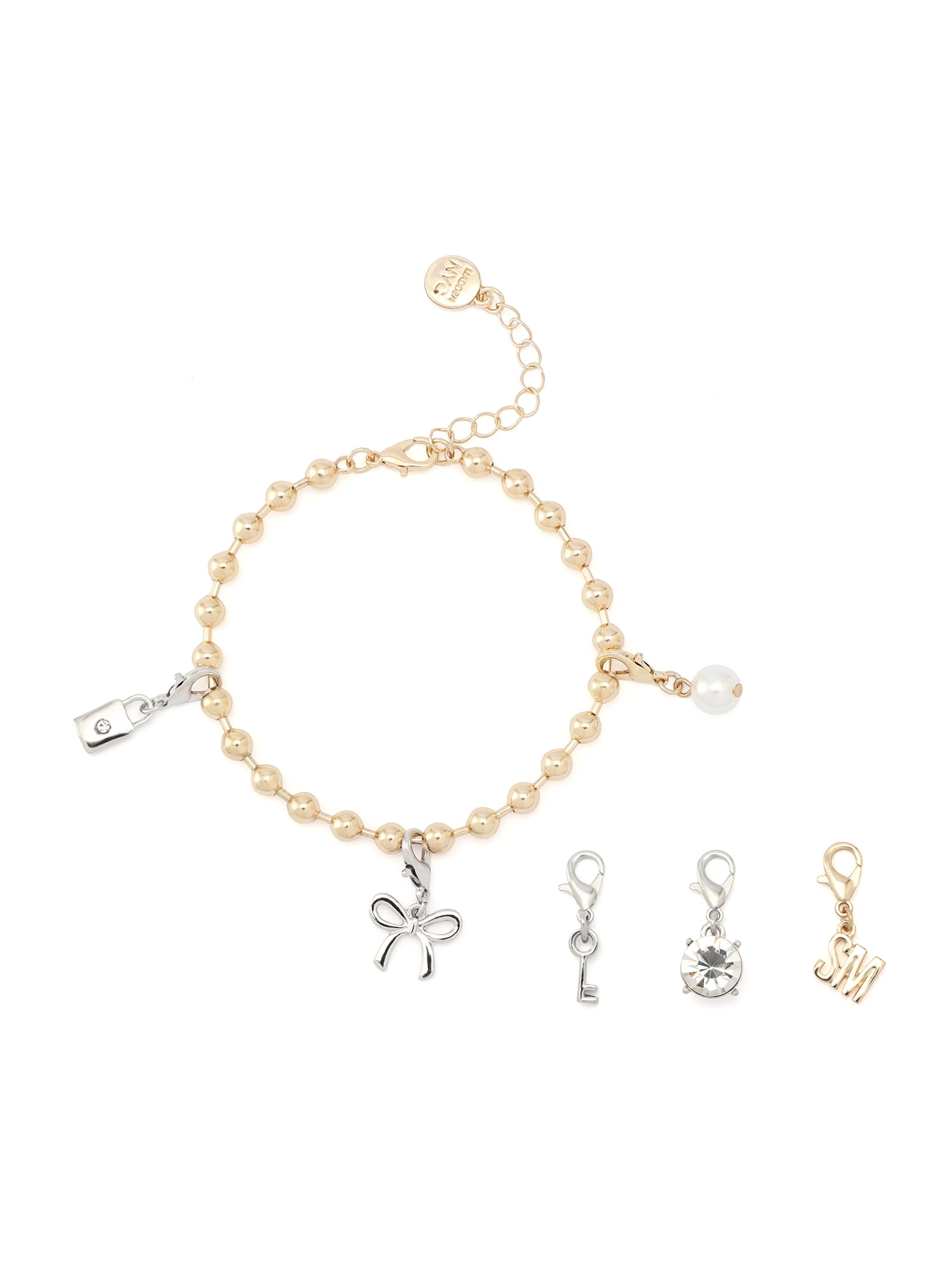 Madden NYC Women's Fashion Gold-Tone Bow Bracelet & 3-Piece Charm Giftable Boxed Jewelry Set
