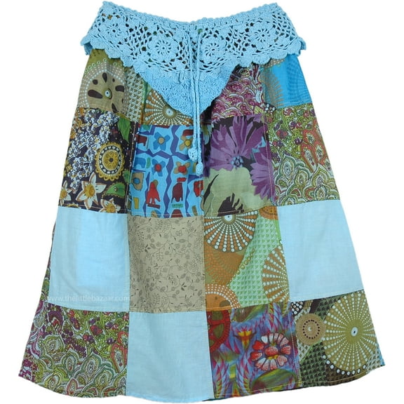 Patchwork Hippie Blue Skirt with Crochet Yoke