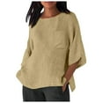 thumbnail image 1 of Hauts d'Été pour Femmes Élégants avec Manches 3/4 et Col Rond en T-Shirts Unis Confortables pour Femmes Kaki TTG, 1 of 4
