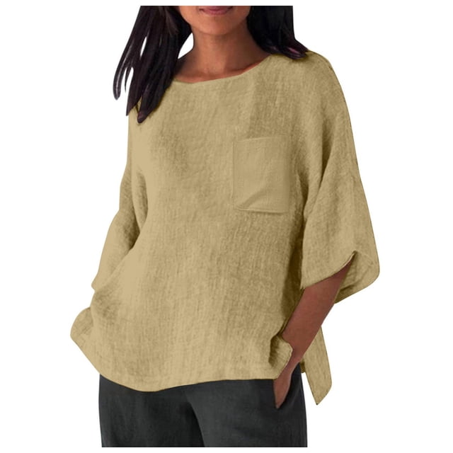 Hauts d'Été pour Femmes Élégants avec Manches 3/4 et Col Rond en T-Shirts Unis Confortables pour Femmes Kaki TTG