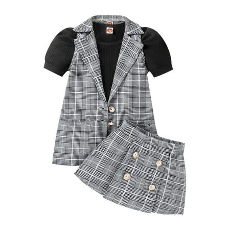 

AMILIEe 9M-4T Kids Girls Skirt Set Knit Ribbed Short Sleeve T-shirt Tops + Plaid Gilet + Plaid A-line Skirt