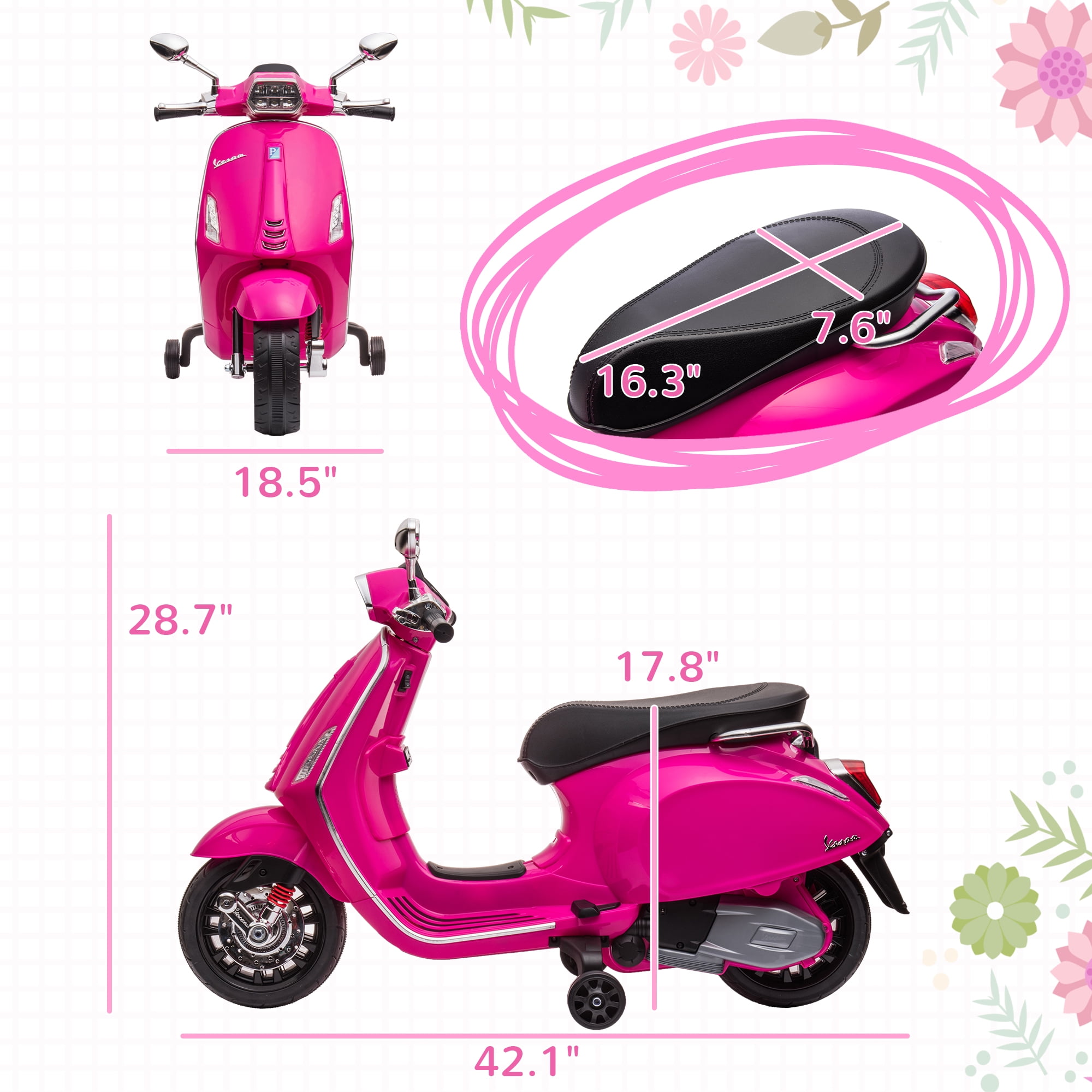 Qaba Vespa Licensed Electric Motorcycle for Kids, 6V Toddler Motorcycle with Music, FM Radio, Headlight, Single Button Start, Pink