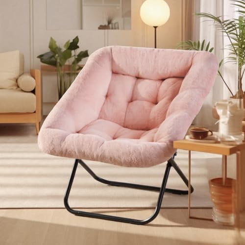 Comfy Chair for Adults, Soft Faux Fur Folding Lounge for Bedroom Living Room Dorm Rooms Flexible Reading Chair for Teens, Large Size Foldable (Square-Blush)