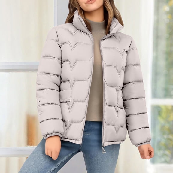 Women's Stand Collar Puffer Jacket, Plus Size Lightweight Quilted Winter Coat, Full Zip Casual Jacket, Oversized Warm Coat, Everyday Outerwear Beige XXL