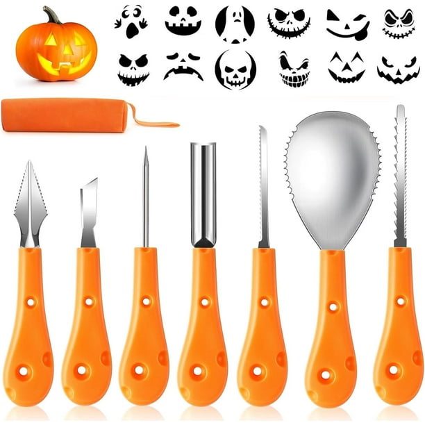 Kit para tallar calabazas de Halloween, herramientas de acero inoxidable profesionales y resistentes, juego para tallar calabazas con 12 plantillas de calabaza, estuche de transporte (7 piezas)