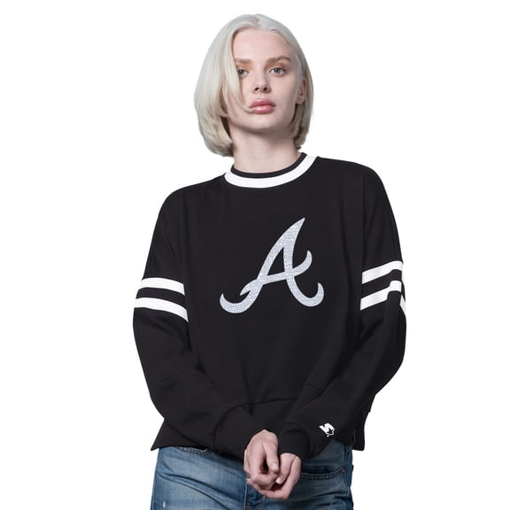 Women's Starter Black Atlanta Braves Rally Cropped Drop Shoulder Crewneck Sweatshirt