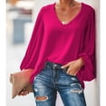thumbnail image 4 of Blusa de manga larga para mujer Camisas con cuello en V Blusas de manga de obispo sueltas casuales de color puro, 4 of 7