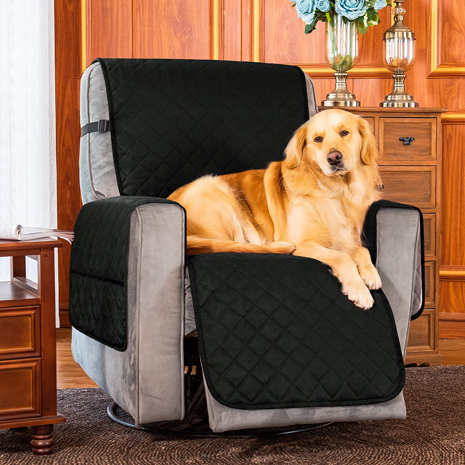 Subrtex 1-Piece Reversible Quilted Recliner Chair Cover with Elastic Adjustable Strap,Small, Black
