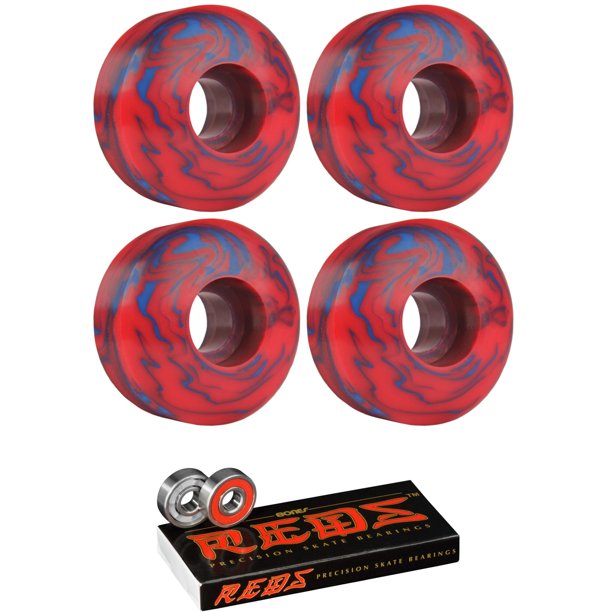 Skateboard Wheels 95A 51mm Blue Red Swirl with BONES REDS BEARINGS
