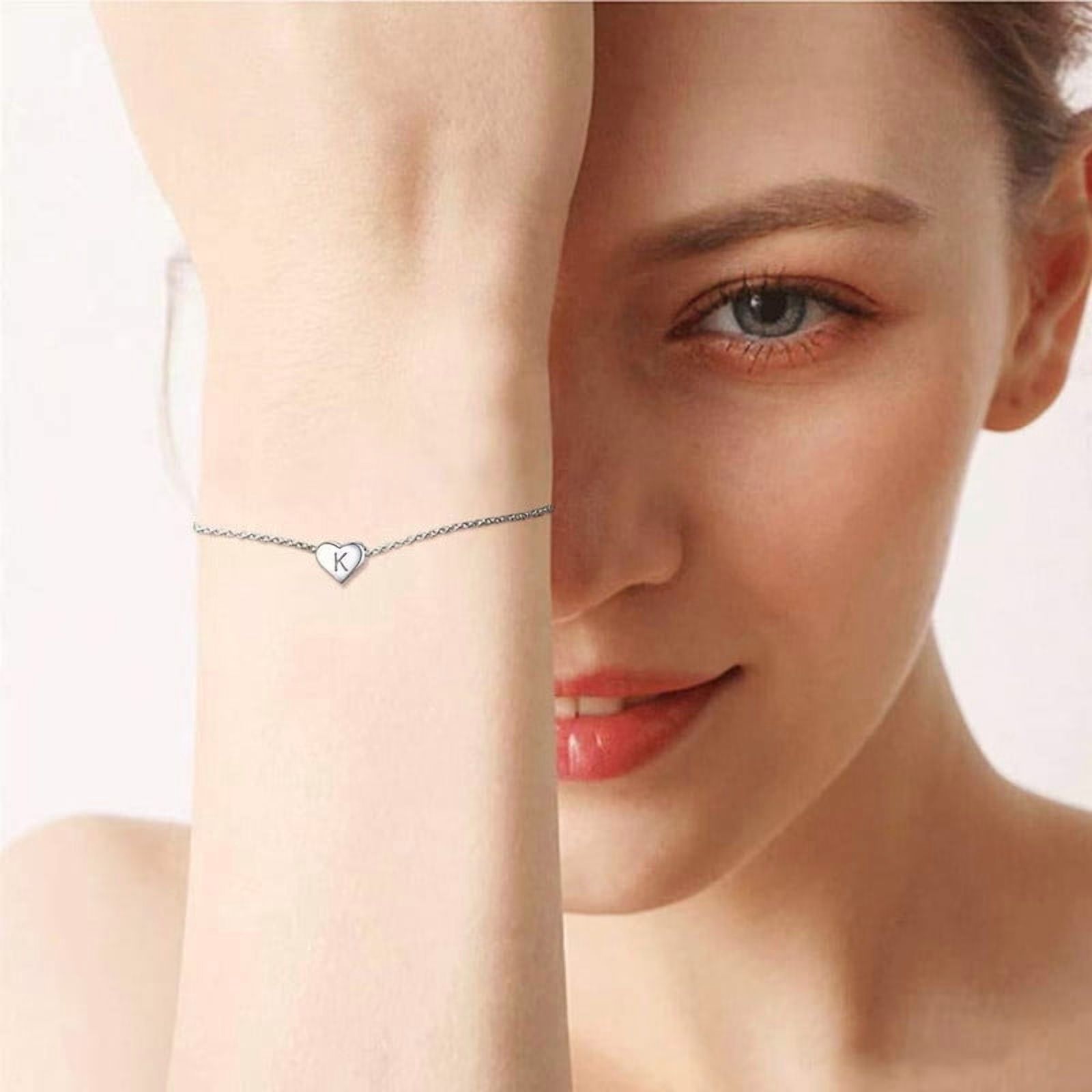 Women's Silver Bracelet, Initial Heart Charm Chain with Letter B | Silver