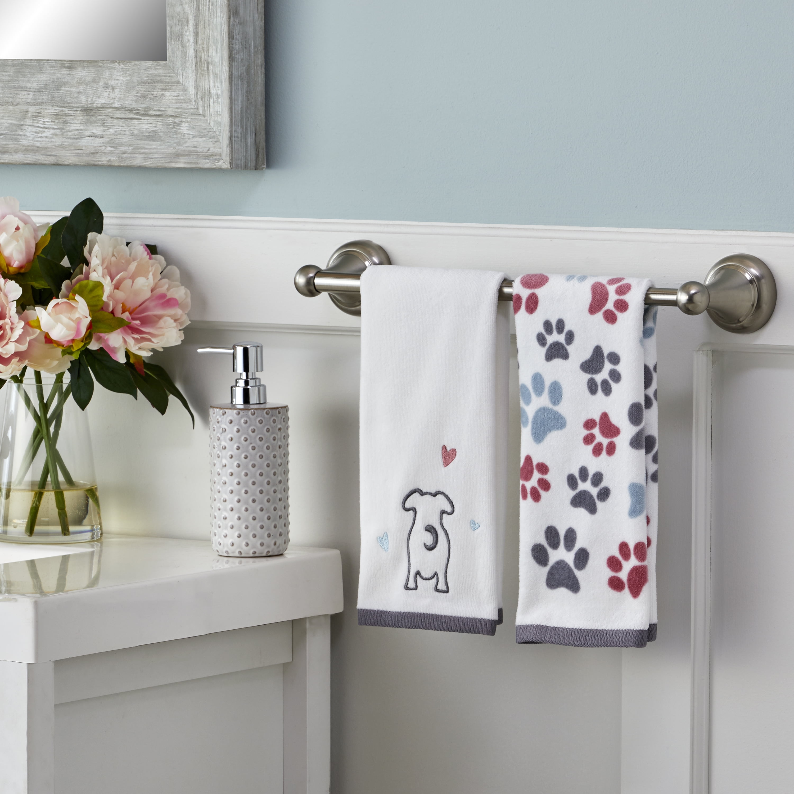 2 TWO Mainstays Cat Embroidered White Pink Bathroom Hand Towels Stripes Summer Details about    