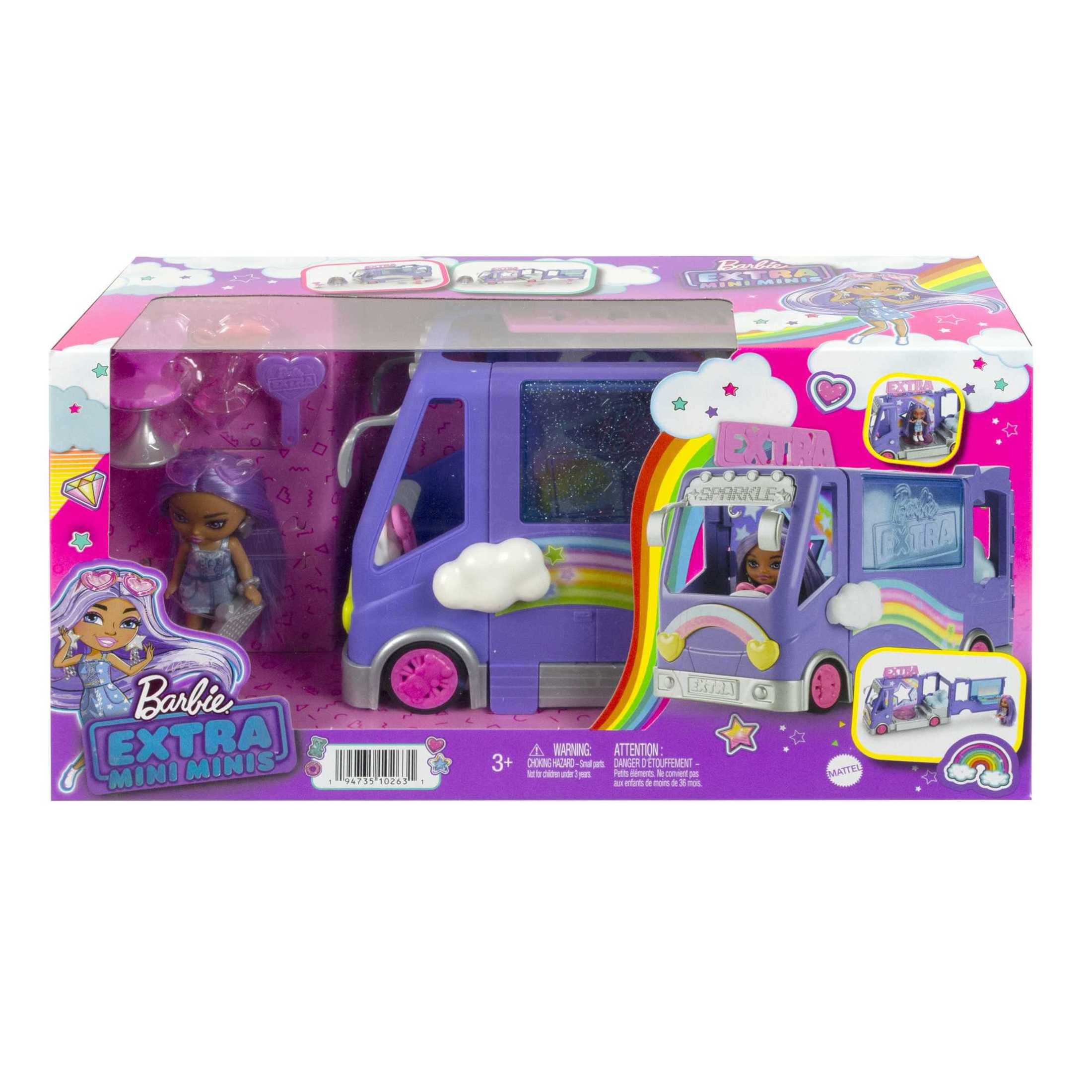 Barbie Extra Mini Minis Vehicle Playset, Tour Bus with Small Doll and Accessories