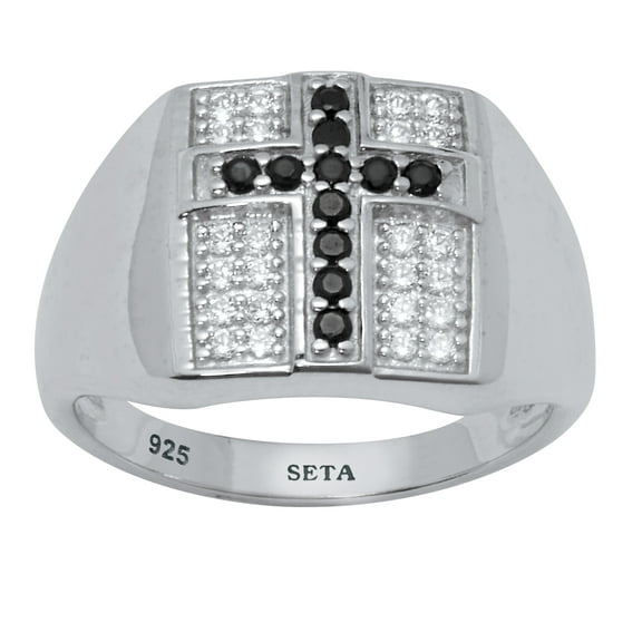 PalmBeach Jewelry .22 TCW Men's Round Black Spinel and CZ Sterling Silver Cross Ring