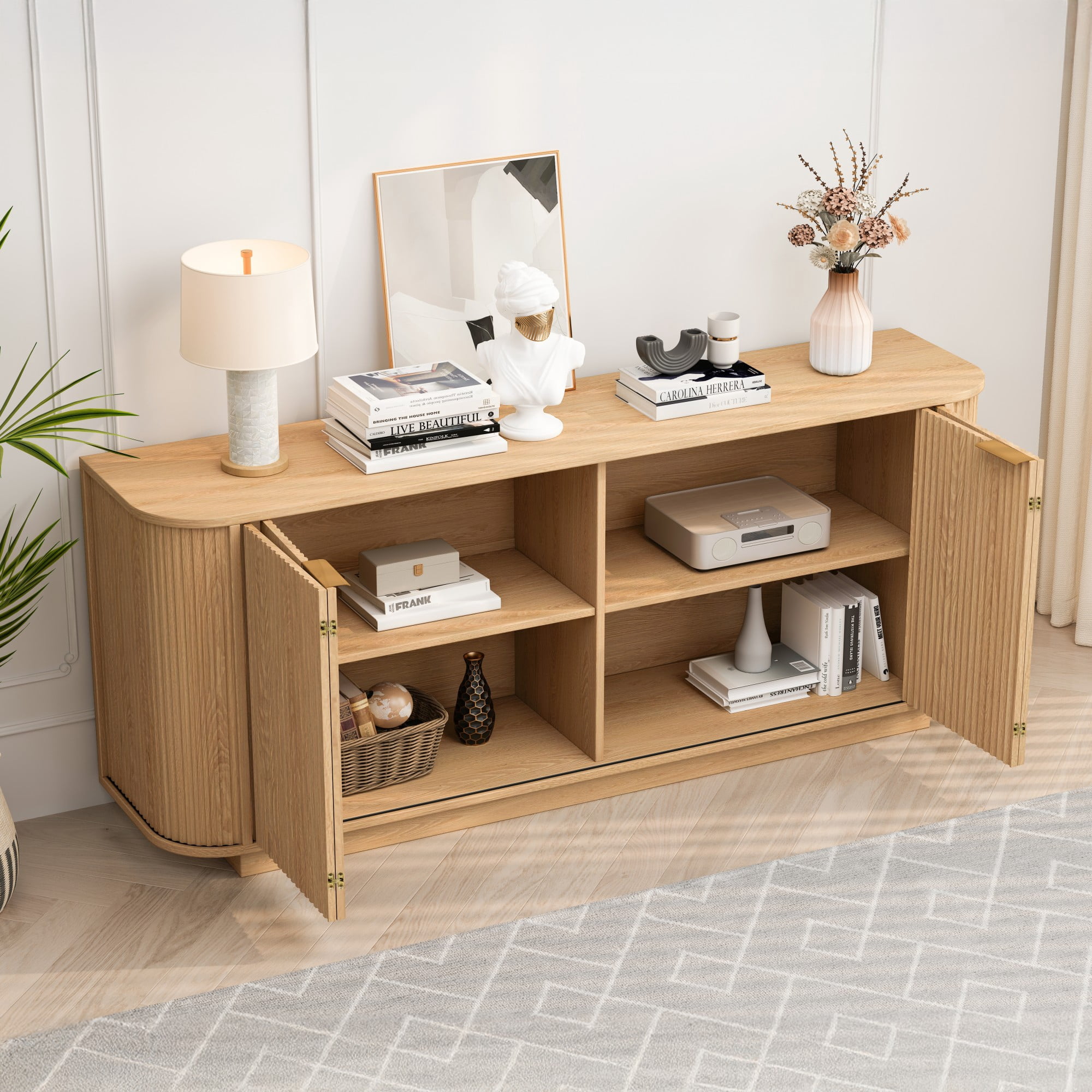 BSHTI 63" MDF Buffet Cabinet with Wavy Door Design, Adjustable Shelves, Sideboard Storage for Kitchen Living Room Dining（Natural）