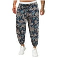 thumbnail image 2 of Virmaxy Wide Leg Pants For Men Drawstring Printing Casual Patchwork Linen Long Trousers Running Joggers Sweatpants Navy XL, 2 of 6