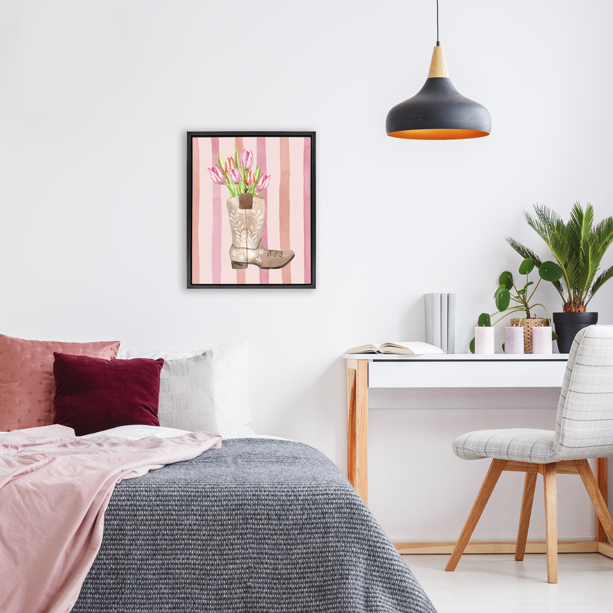 Tulip Cowgirl on Stripes Black Framed Floater Canvas Wall Art, design by Nina Jacobs