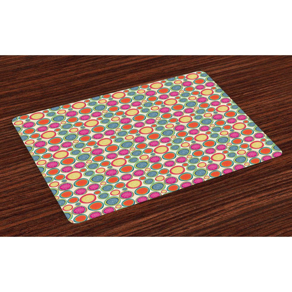 Colorful Placemats Set of 4 Doodle Style Lively Colored Round Shapes