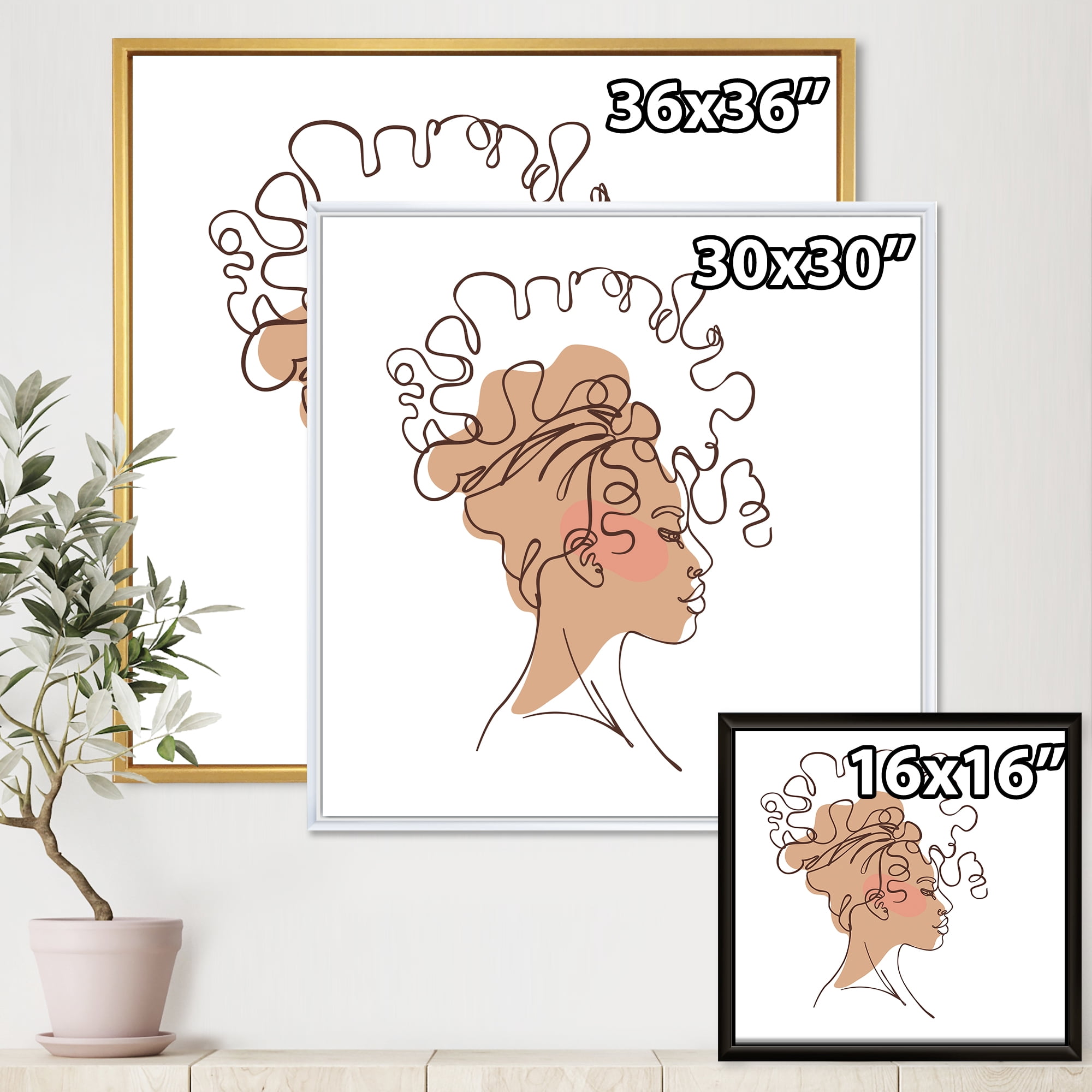 Designart 'One Line Portrait of Afro American Woman I' Modern Framed Canvas Wall Art Print