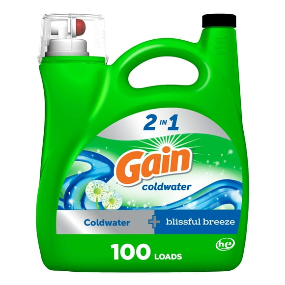 Gain Coldwater Liquid Laundry Detergent, Blissful Breeze Scent, 2 in 1 Freshness, Laundry Detergent Liquid Soap, HE compatible, 100 wash Loads