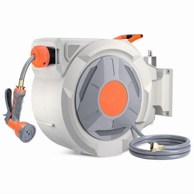 Enrouleur de Boyau d'Arrosage Rétractable 1/2 Po x 130 Pi Amélioré Résistant aux UV Robuste avec Buse de Pulvérisation à 9 Fonctions, Verrouillage de Toute Longueur, Enroulement Automatique et Système à Retour Lent Pivotement à 180°