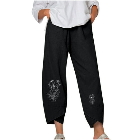 Tuphregyow Women s Cotton Linen Leisure Capris Clearance New Style Flowers Print Trendy Straight Leg Comfy Fashion with Pockets Trousers Mid Waist Loose Pleated Trousers Training Retro Black XL