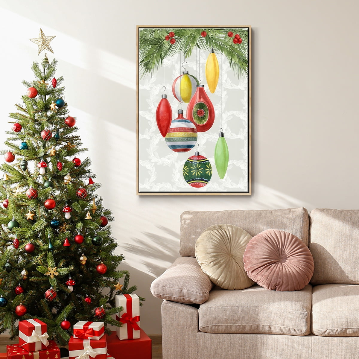 Arose Such a Clatter Collection B - Framed Gallery Wrapped Holiday Canvas - 25 x 37 - Natural Wood Frame