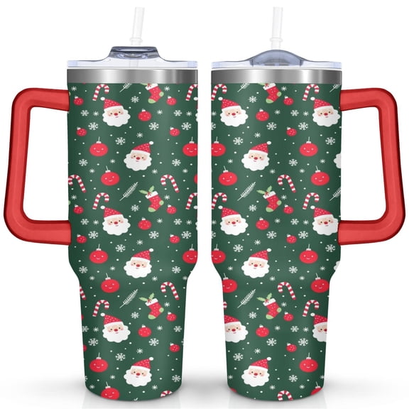 Santa Stick Candy Leaves Snowflakes 40 Oz Tumbler with Handle Lid and Straw Stainless Steel Double Walled Vacuum Insulated Cup Merry Christmas Gifts Tumbler for Women Men Friends Outdoor Indoor