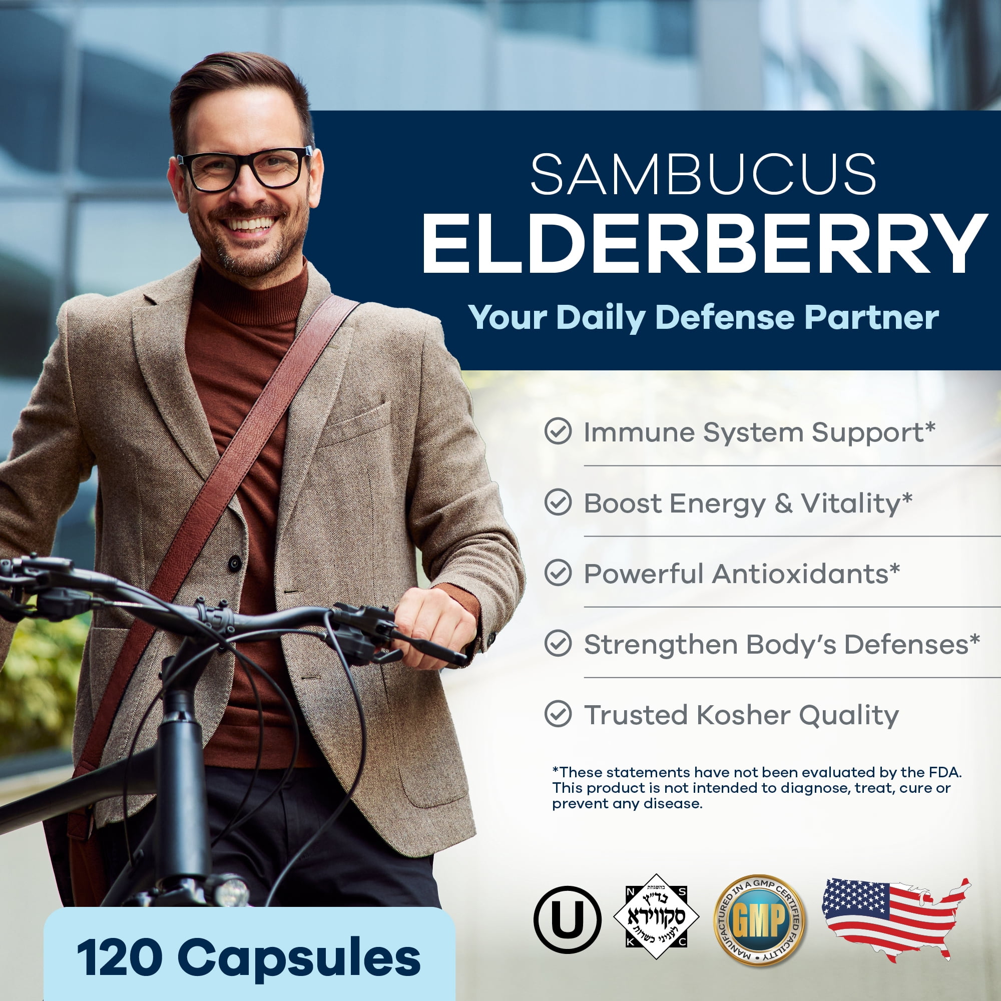 Freeda Sambucus Elderberry with Vitamin C, Zinc, D3 & Ginger - 5-in-1 Antioxidant Immune Support - Gluten-Free Elderberry Capsules for Adults, Made in USA (120 Ct)