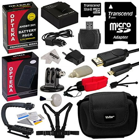 Body Bonus Kit - GoPro Action Sports Kit with 32GB MicroSDHC Memory Card, x2 AHDBT-301, Charger, HDMI Cable, Adapter, Action Stabilizing Grip, Chest Body Strap, Case, Floating Strap, Cleaning Kit with Bonus Tripod