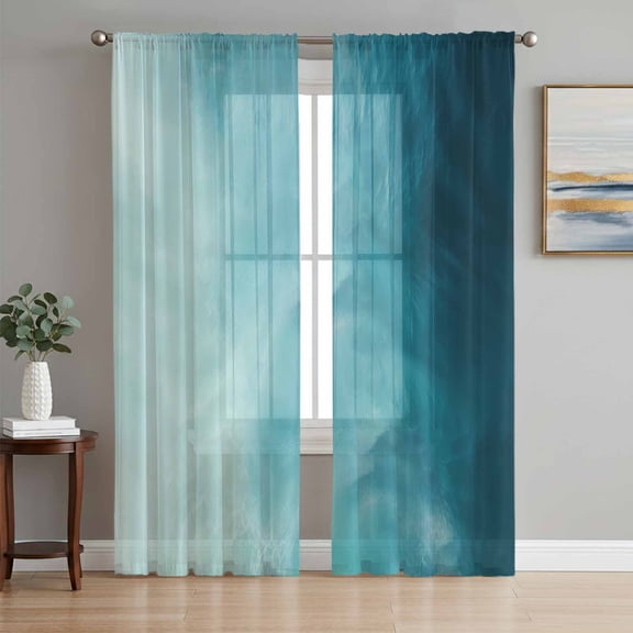 Blue Teal Ombre Sheer Curtains 96 Inches Long 2 Panels Set, Window Sheer Curtains for Living Room/Bedroom, Coastal Beach Modern Abstract Art Light Filtering Rod Pocket Curtain 52''x96''x2