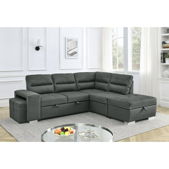 Hamuq Grey Air Suede Fabric Reversible Sofa Sectional with Storage, Inflatable, Pine Solid Wood and Plywood Frame, Pocket Coil Seats, 94'W 84'D 36'H