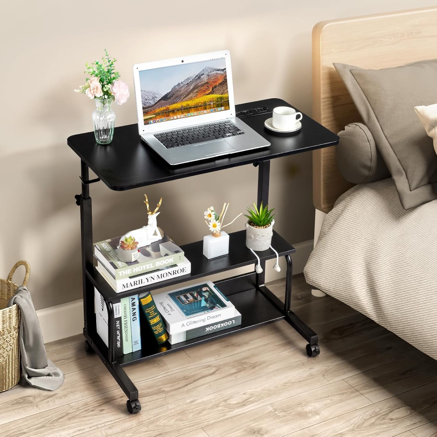 JessieMal 31.5" Portable Rolling Desk on Wheels,Height Adjustable Standing Desk with 2 AC Outlets/3 USB Ports,Mobile Laptop Table with Hooks and Storage Shelves for Home Office，Black