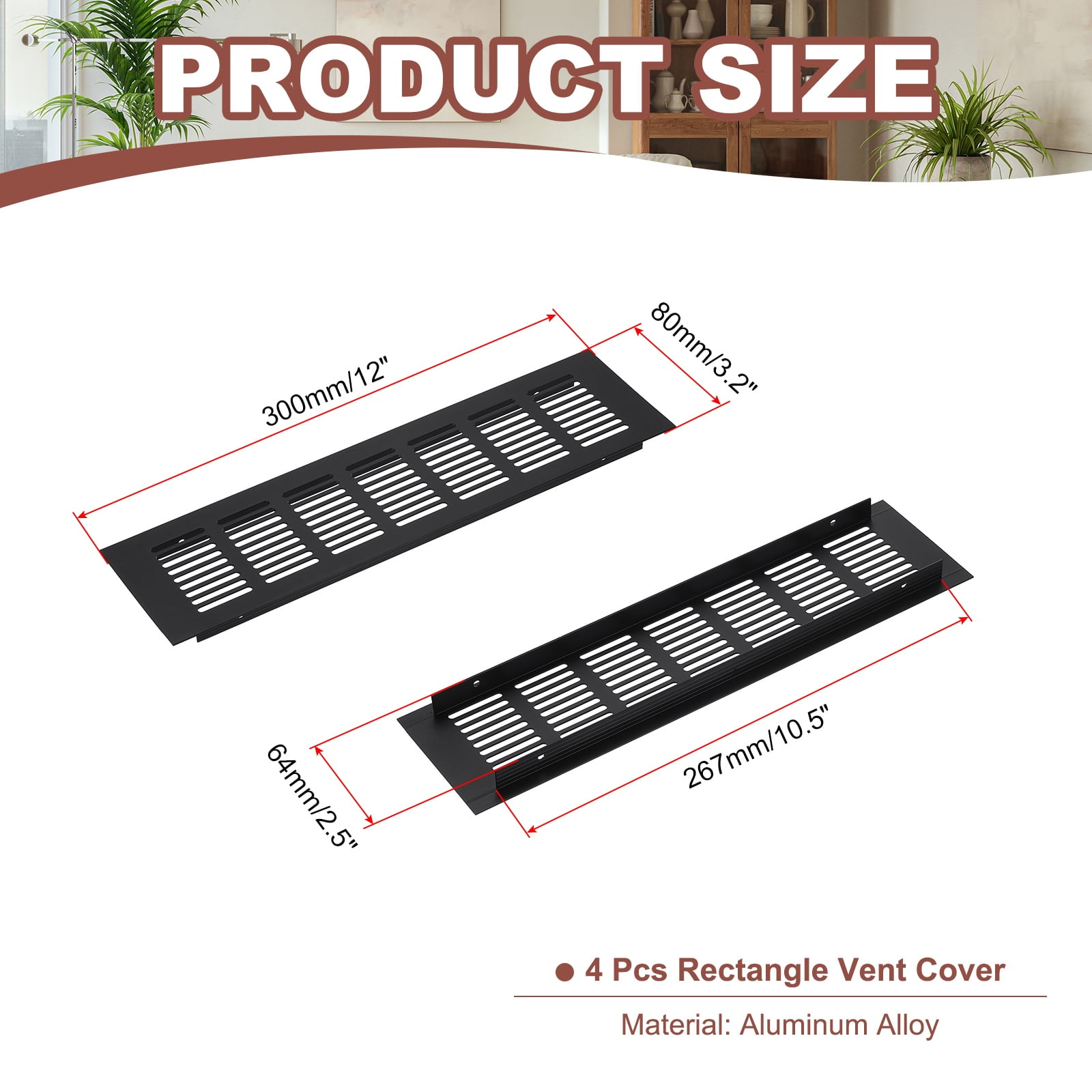 Uxcell 12 x 3.2" Rectangle Ventilation Grille 4Pcs Aluminum Air Vent Cover Black
