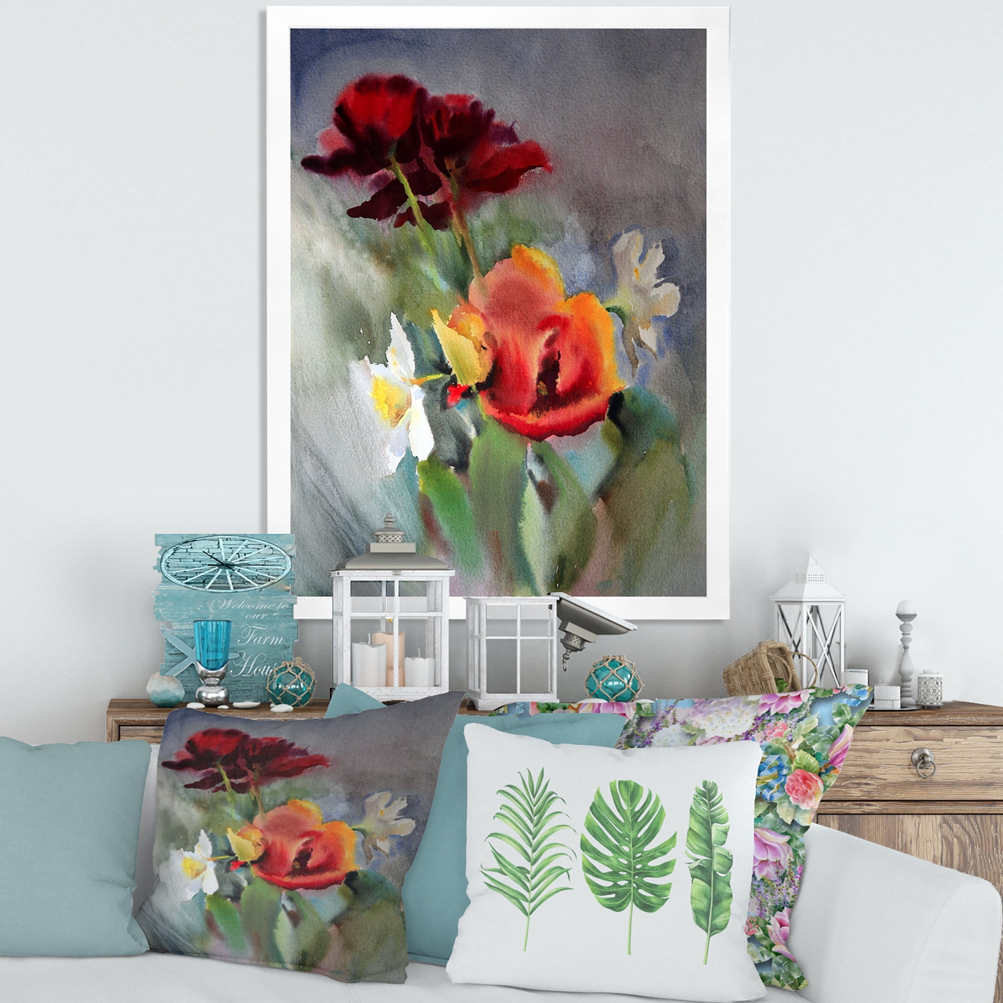 Designart 'Blossoming Vibrant Red Wildflowers' Traditional Framed Art Print
