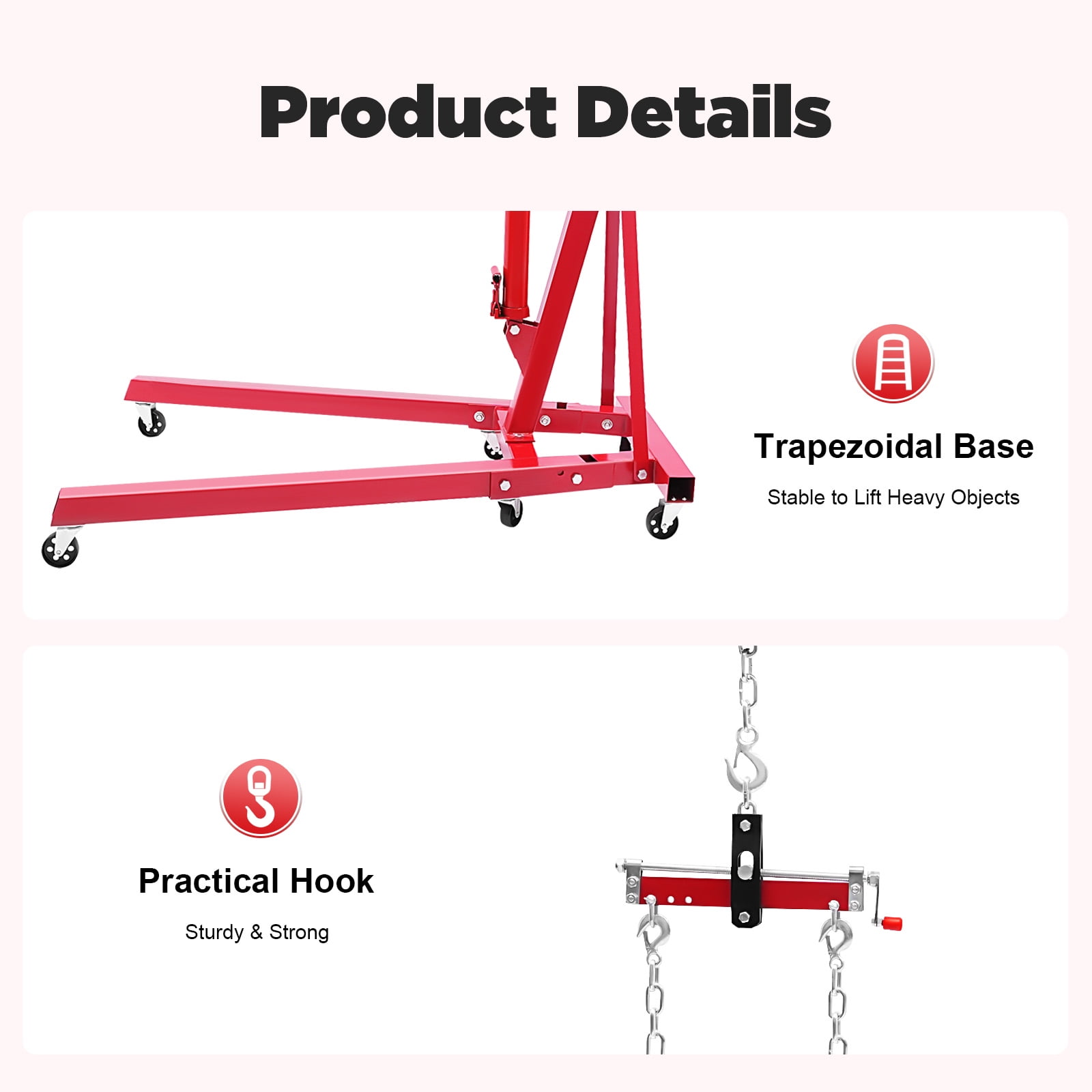 Peakora 2T Folding Hydraulic Crane Hydraulic Crane with Engine Leveler & Wheels Heavy-Duty Cherry Picker Shop Crane Oldable Engine Crane Red