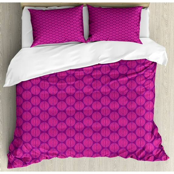 Abstract Duvet Cover Set King Size, Tribal Inspired Retro Funky Hand Drawn Circular Symmetric Motif, Decorative 3 Piece Bedding Set with 2 Pillow Shams, Hot Pink and Dark Magenta, by Ambesonne