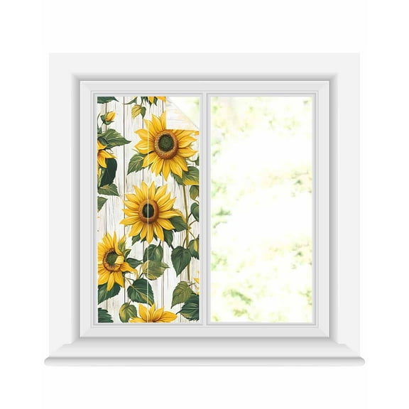 Window Privacy Film Rustic Sunflowers Stained Glass Window Film Decorative Sun Block Window Cover Farmhouse Botanical Flowers Wood Grain Window Clings Static Adhesive Sticker for Bathroom 17.7"x39.3"