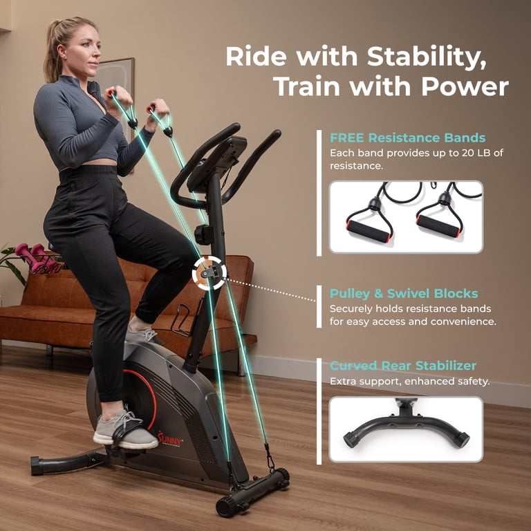 interactive stationary bicycle Sunny Health & Fitness Indoor Cycling Bike with Device Mount w Smart Bluetooth & Free SunnyFit App supporting up to 300 LB Elite Smart Upright Exercise Bike