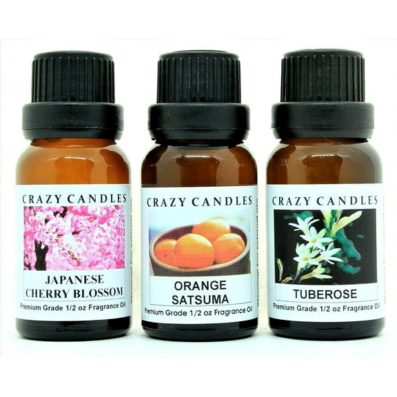 3 Bottles Set, 1 Japanese Cherry Blossom, 1 Orange Satsuma, 1 Tuberose 1/2 Fl Oz Each (15ml) Premium Grade Scented Fragrance Oils by Crazy Candles