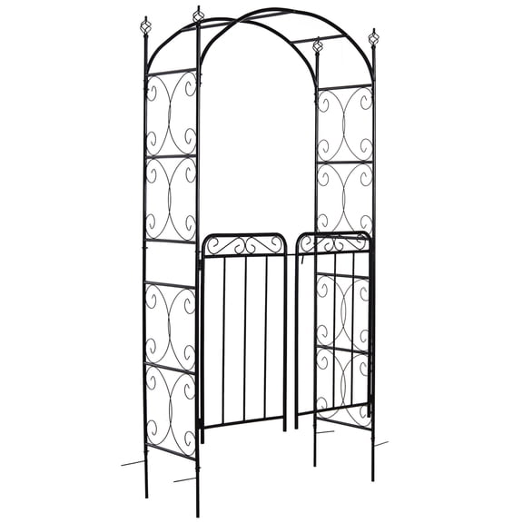 84" Garden Arch Arbor with Gate, Metal Arch Trellis, Garden Archway for Climbing Vines, Wedding Ceremony Decoration, Flourishes & Arrow Tips, Black