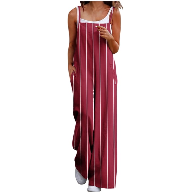aidice Summer Rompers for Women Spaghetti Strap Striped Side Split Casual Wide Leg Pants Jumpsuits with Pockets