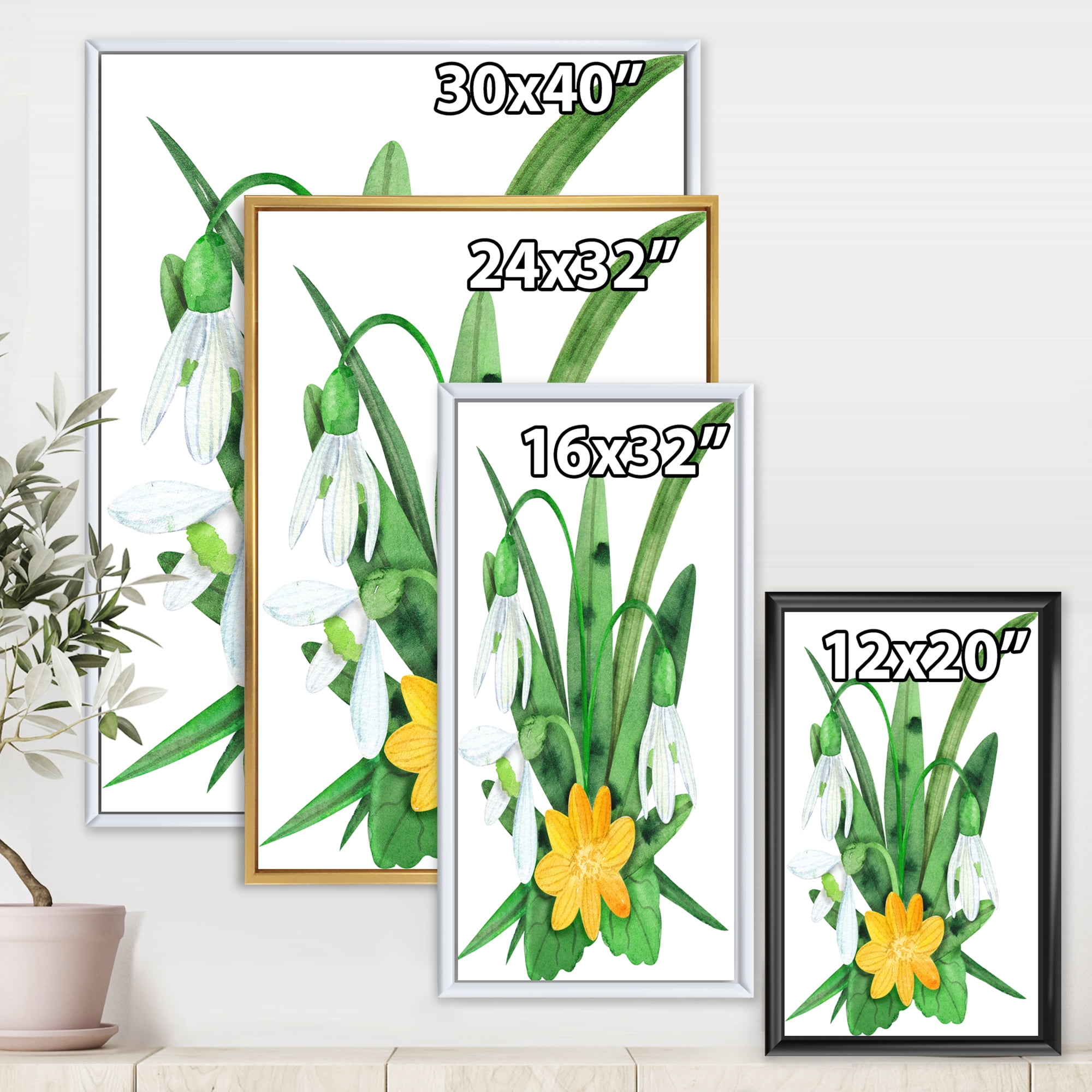 Designart 'Snowdrops and Yellow Erantis VIntage Flowers' Traditional Framed Canvas Wall Art Print