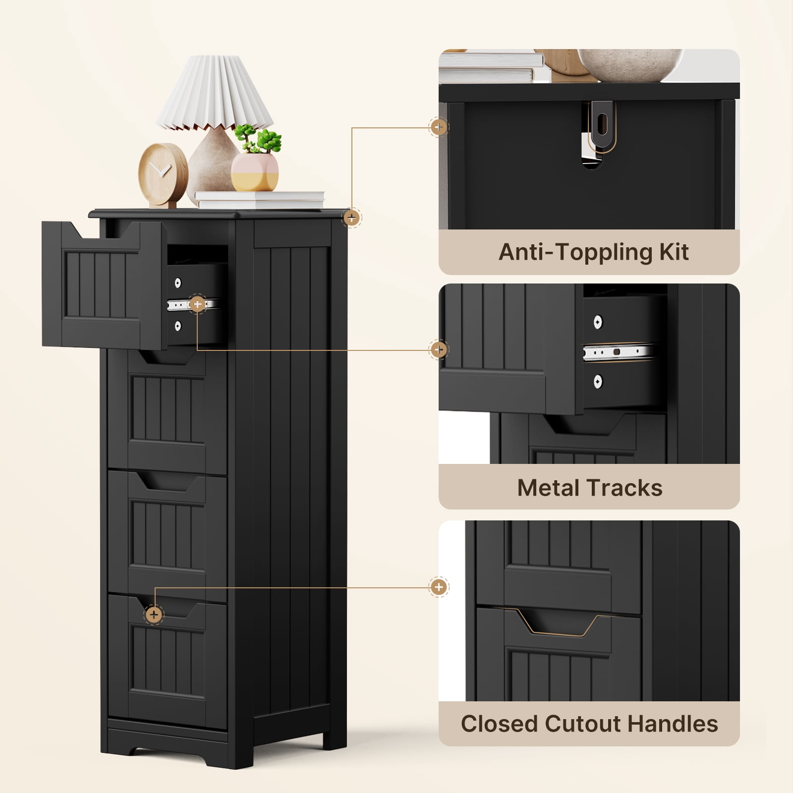 Noelse Bathroom Floor Cabinet Wooden Storage Cabinet with 4 Drawers Free-Standing Cabinet for Hallway Living Room and Bathroom, Black