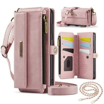 Dteck Crossbody Wallet Case for iPhone 14 Plus RFID Blocking 9-Card Holder Matte PU Leather Magnetic Snap Shoulder Strap Zipper Pocket Phone Case Fit for iPhone 14 Plus,Pink