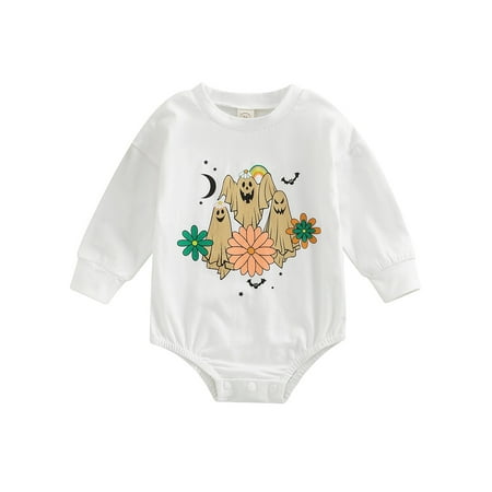 

Halloween Infant Baby Boy Girl Romper Ghost Flower and Bat Printing Long Sleeve White Crotch Button Jumpsuit