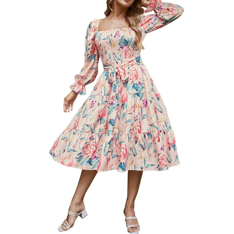 Lady Chiffon Swing Dress with Belt Lace up Long Sleeve Gown Elegant Casual  Fairy