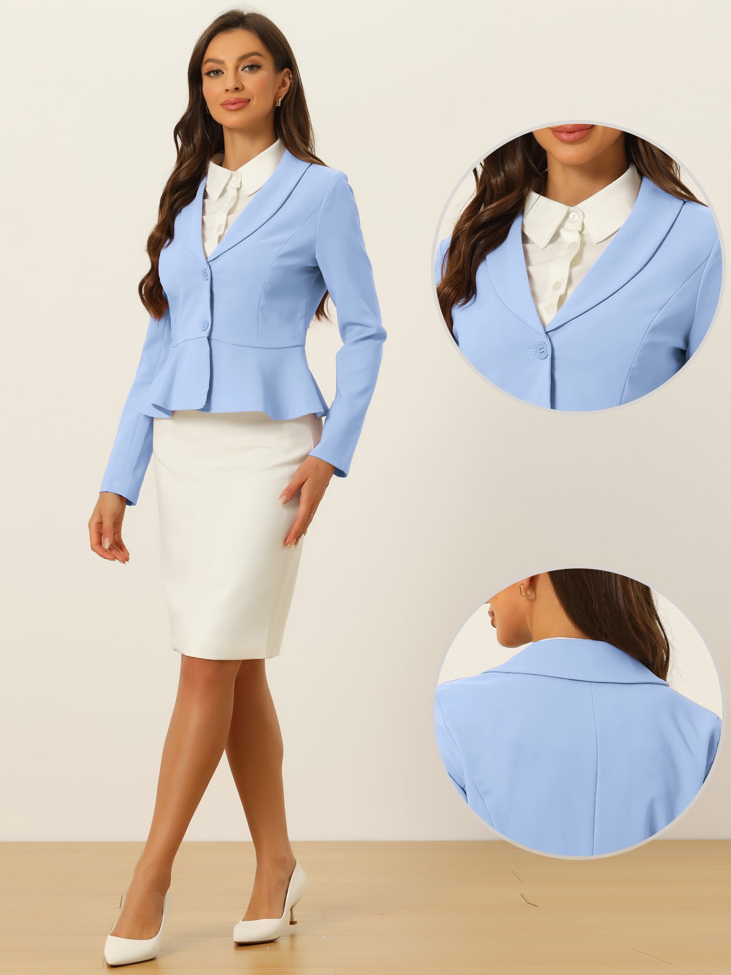 DARING DIVA Women's Vintage Shawl Collar Ruffle Hem Short Blazer S Light Blue